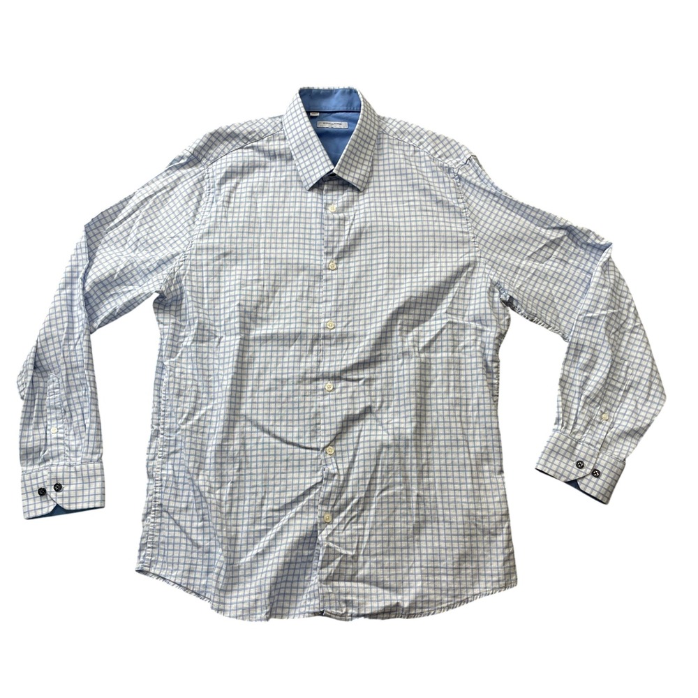 Duchamp London 17 XL Blue Check Long Sleeve Button Up Cotton Blend Men's Shirt